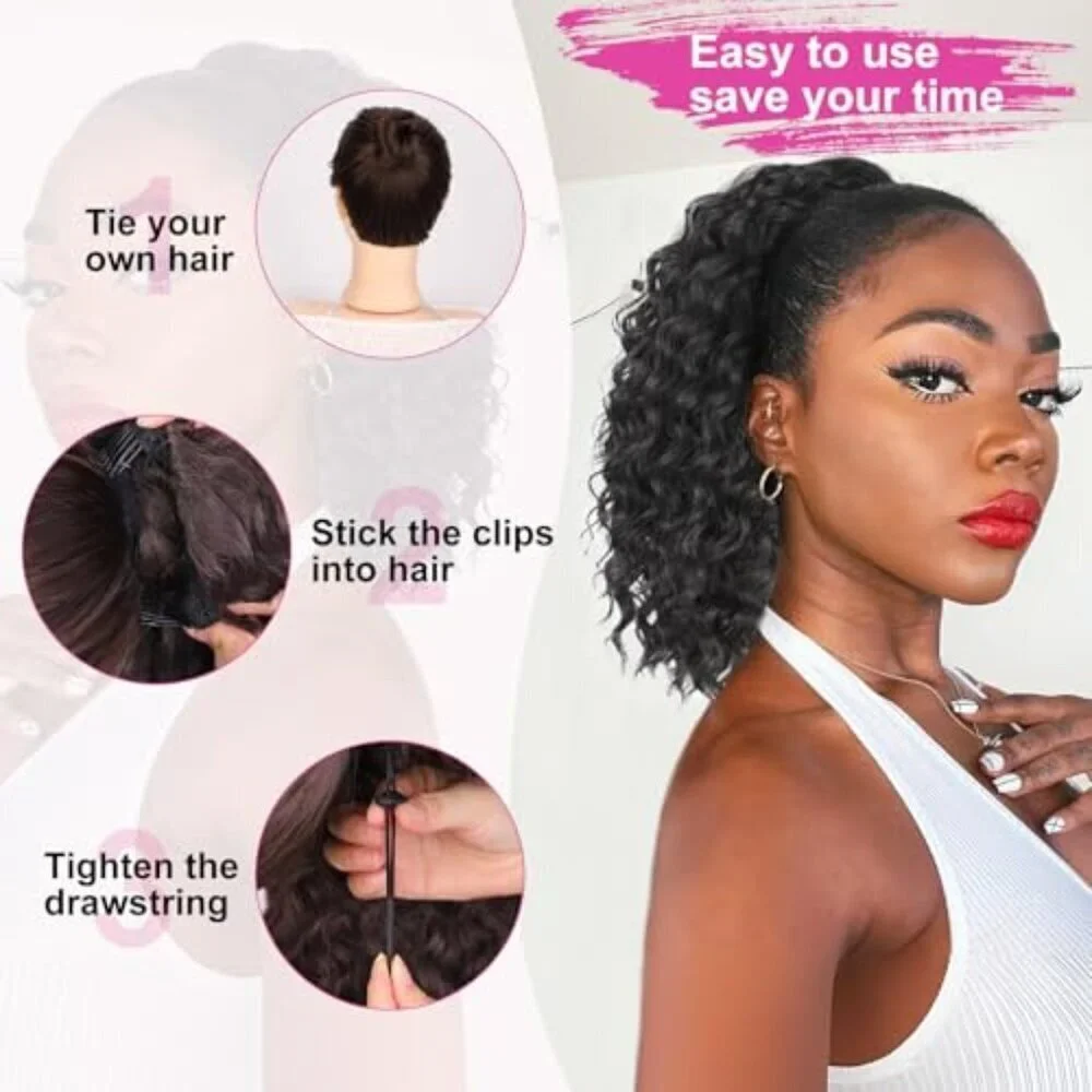 Black Synthetic Curly Ponytail Extension 14 Inch Clip-in Drawstring Stylish